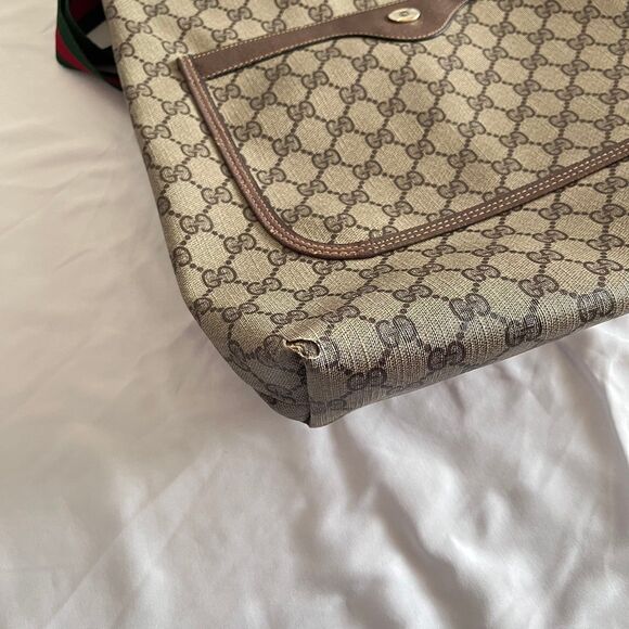 Vintage Gucci Sherry Line GUCCI GG Plus Tote Bag Leather Brown Beige Red Green - Picture 4 of 12